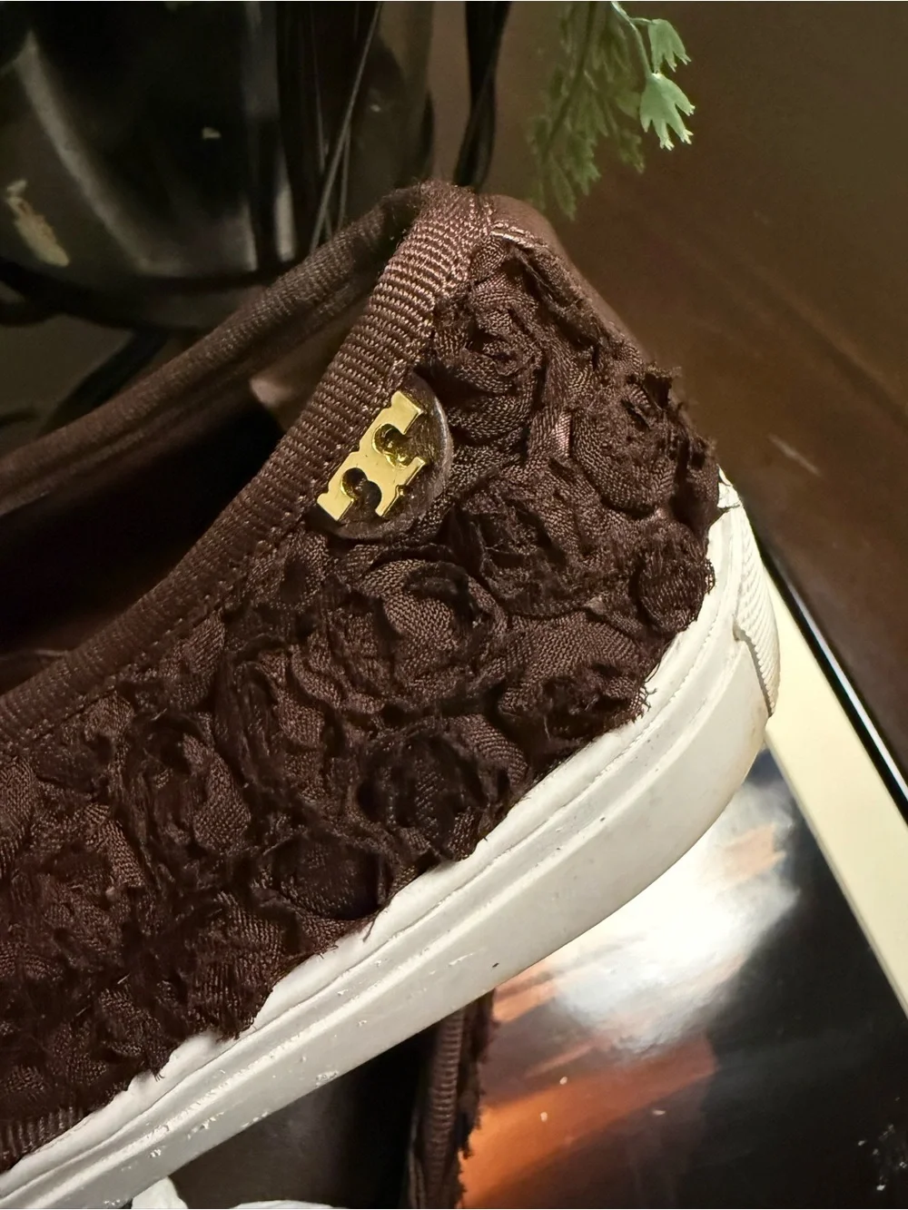 Tory Burch Brown Floral Rosette Slip-On Sneakers